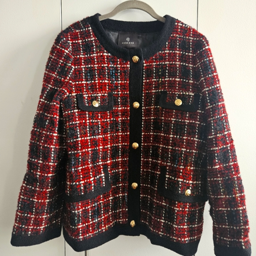 Anine Bing Lydia Cherry Plaid Wool Jacket Size M 🍒